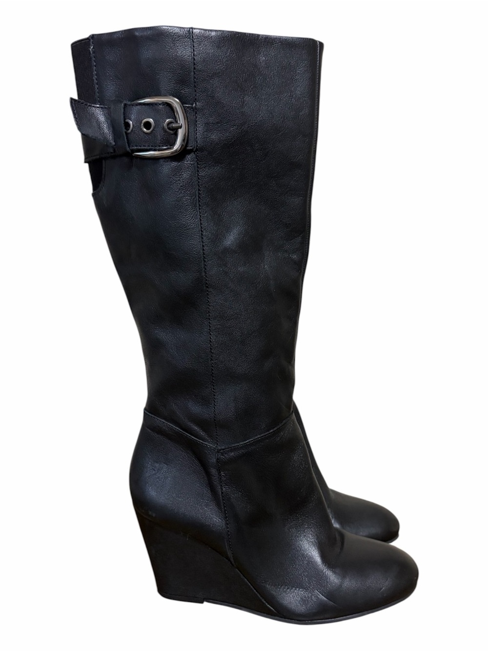 STEVEN Steve Madden Black Leather Matik Wedge Tall Boots Size 7M